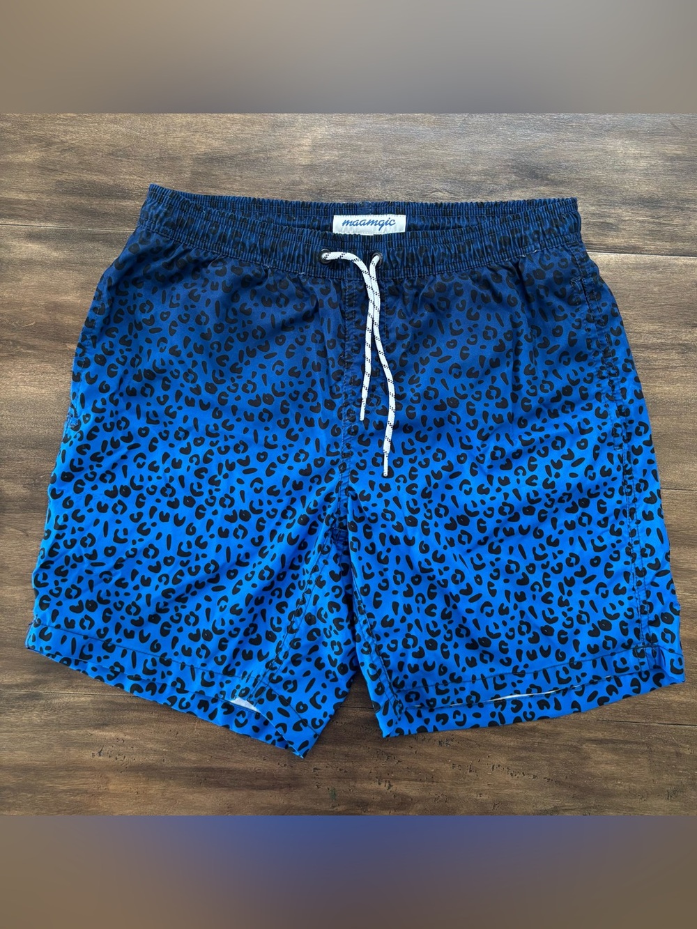 MaaMgic Men’s Blue Leopard Print Swim Shorts. Size M